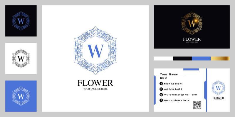 Letter W luxury ornament flower or mandala frame logo template design with business card.