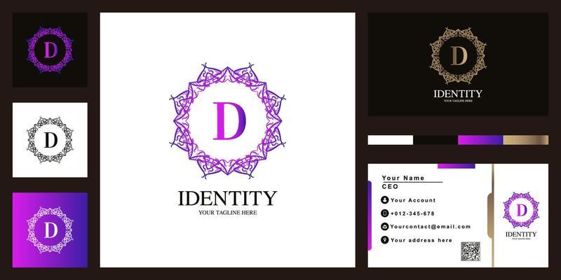 Letter D luxury ornament flower frame logo template design with business card.