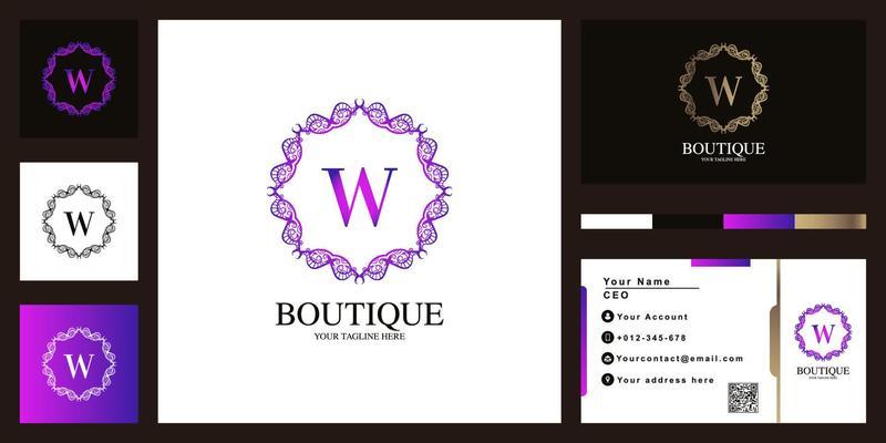 Letter W luxury ornament flower frame logo template design with business card.