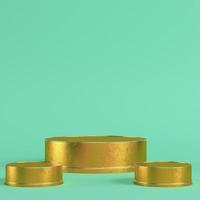 Golden cylindrical display stands on bright green background in pastel colors. Minimalism concept photo