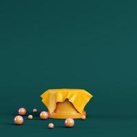 Yellow pedestal with spheres on dark green background. Minimalism concept photo