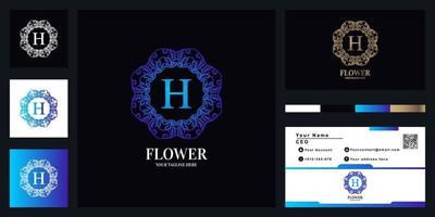 diseño de plantilla de logotipo de marco de flor de adorno de lujo de letra h con tarjeta de visita. vector