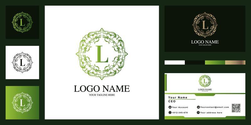 Letter L luxury ornament flower frame logo template design with business card.