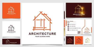 Minimalist line building, home architecture or real estate logo template with business card design vector