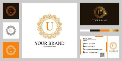 Letter U luxury ornament flower frame logo template design with business card. vector