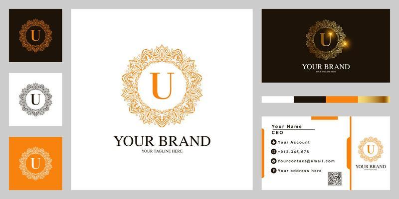 Letter U luxury ornament flower frame logo template design with business card.