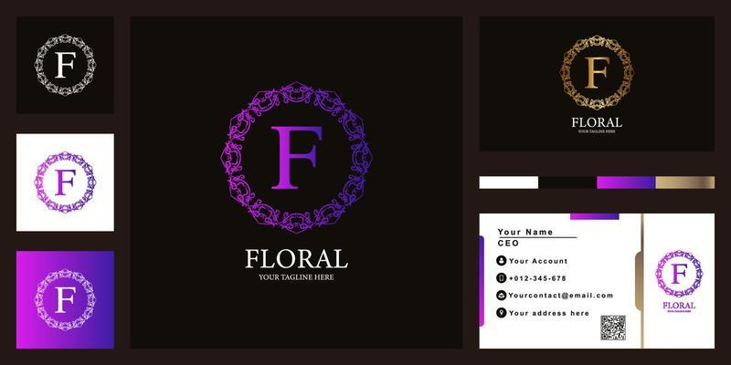 Letter F luxury ornament flower frame logo template design with business card.