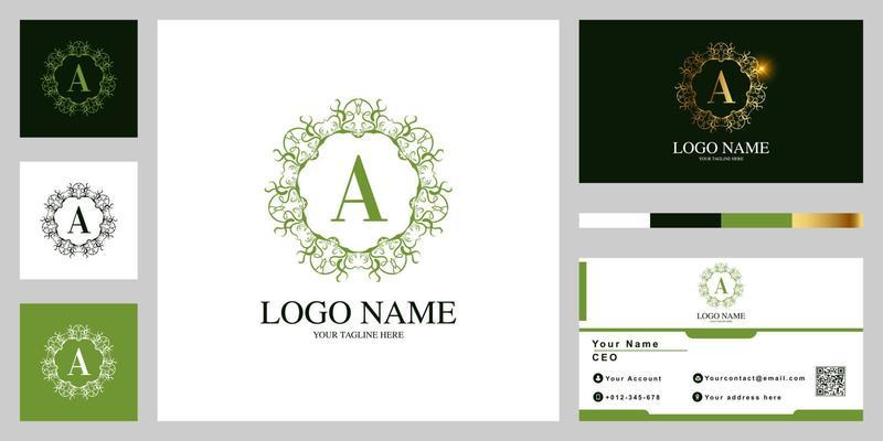 Letter A luxury ornament flower or mandala frame logo template design with business card.