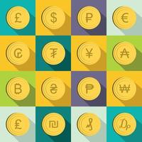 Currency gold coin icons set, flat style vector