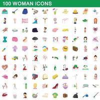 100 woman icons set, cartoon style vector