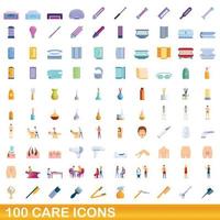 100 iconos de cuidado, estilo de dibujos animados vector