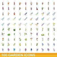 100 iconos de jardín, estilo de dibujos animados vector