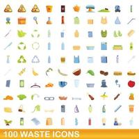 100 waste icons set, cartoon style vector