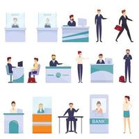 Bank teller icons set, cartoon style vector