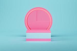 Pink pedestal with cylinder shape geometry and neon light on light blue background for product display photo