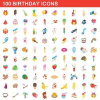 100 birthday icons set, isometric 3d style vector