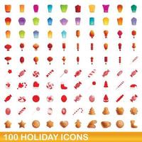 100 holiday icons set, cartoon style vector