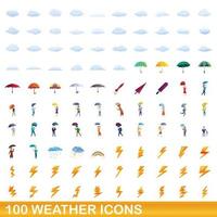 100 weather icons set, cartoon style vector