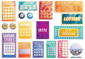 Lottery icons set, cartoon style vector