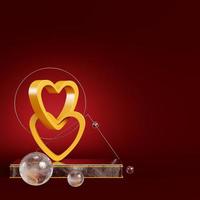 Yellow abstract hearts with geometric figures on dark red background photo