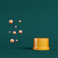 Yellow pedestal with spheres on dark green background. Minimalism concept photo