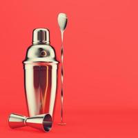Shaker, jigger and bar spoon on red background. 3d render photo