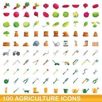 100 agricultura, conjunto de iconos de estilo de dibujos animados vector