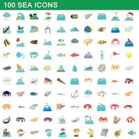 100 sea icons set, cartoon style vector