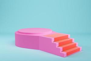 Pink stairs with red carpet on light blue background for product display photo