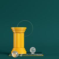 Yellow pedestal with column, circle frame and spheres on dark green background photo