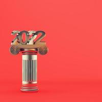 Metal new year 2022 figure on ancient column on red background. Minimalism concept photo