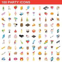 100 party icons set, isometric 3d style vector