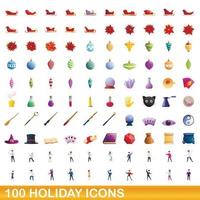 100 iconos de vacaciones, estilo de dibujos animados vector