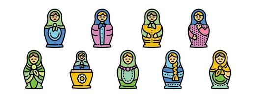 Nesting doll icons set, outline style vector