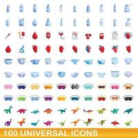 100 universal icons set, cartoon style vector