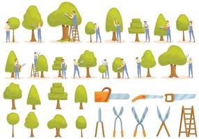 Tree trimming icons set cartoon vector. Tree chainsaw vector