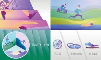 Triathlon banner set, cartoon style vector