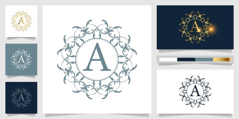 Letter A luxury ornament or floral frame logo template with business card design.