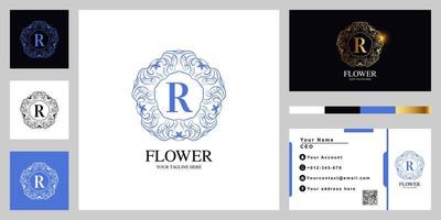 diseño de plantilla de logotipo de marco de mandala o flor de adorno de lujo de letra r con tarjeta de visita. vector
