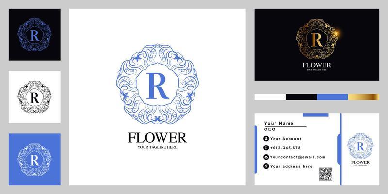 Letter R luxury ornament flower or mandala frame logo template design with business card.