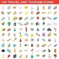 100 iconos de viajes y turismo, estilo isométrico vector