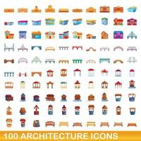 100 conjunto de iconos de arquitectura, estilo de dibujos animados vector