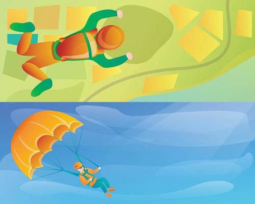 Modern skydivers banner set, cartoon style