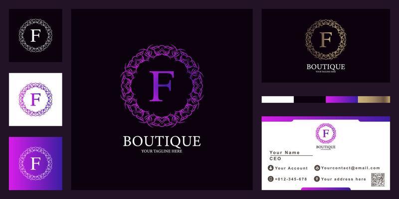 Letter F luxury ornament flower frame logo template design with business card.