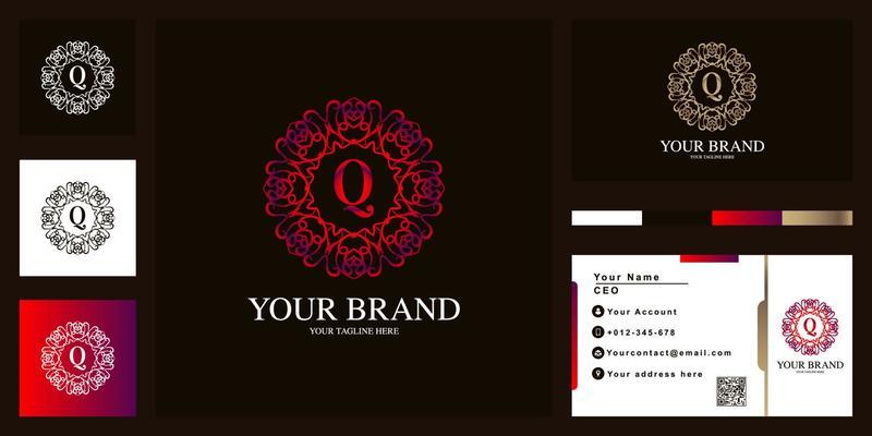 Letter Q luxury ornament flower frame logo template design with business card.