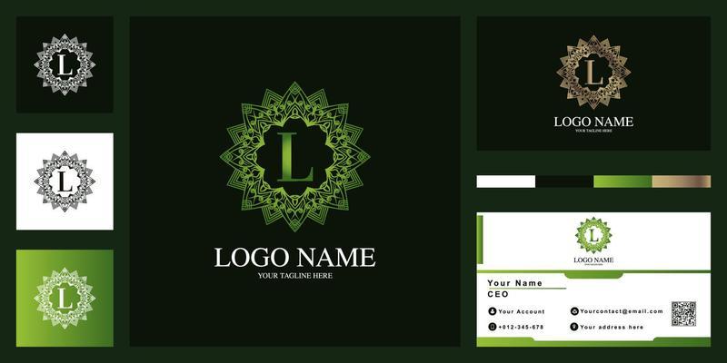 Letter L luxury ornament flower frame logo template design with business card.