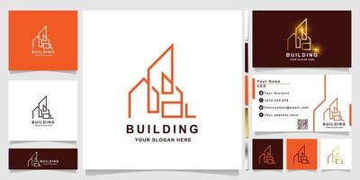 Minimalist line building or real estate logo template with business card design vector