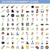 100 entertainment icons set, flat style vector