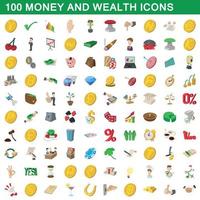 100 iconos de dinero y riqueza, estilo de dibujos animados vector