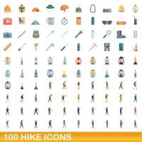 100 hike icons set, cartoon style vector